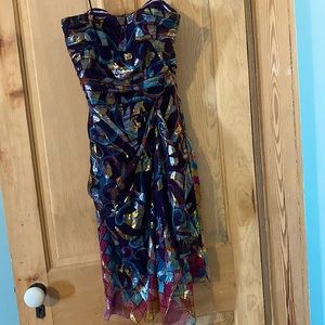 Nicole Miller cocktail dress, strapless, multi color.
